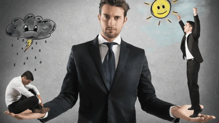 Man holding two contrasting concepts of negative self-talk and embracing positivity in his hands.