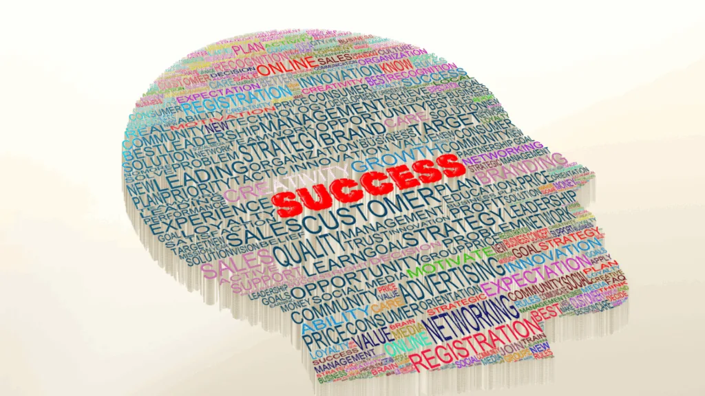 A silhouette of a head filled with strategy keywords, with success highlighted.