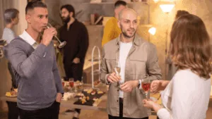 A social gathering with champagne, illustrating the private strain of social anxiety.
