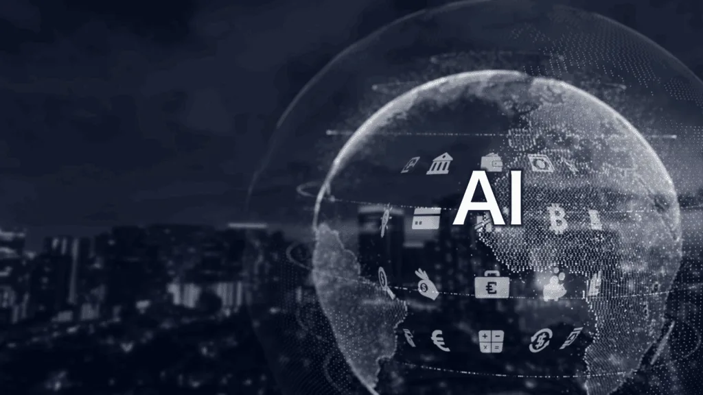 A globe with a city skyline and the letters AI, representing generative AI in mental health