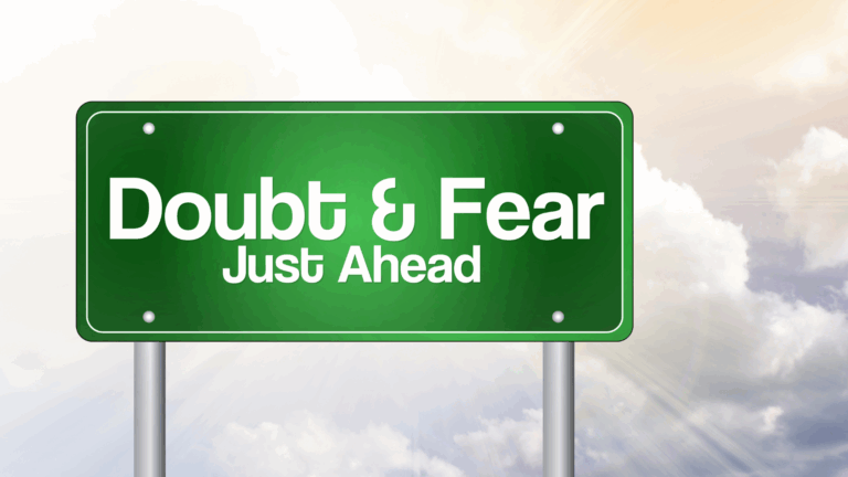 a green sign with white text spelling out doubt and fear referencing imposter syndrome