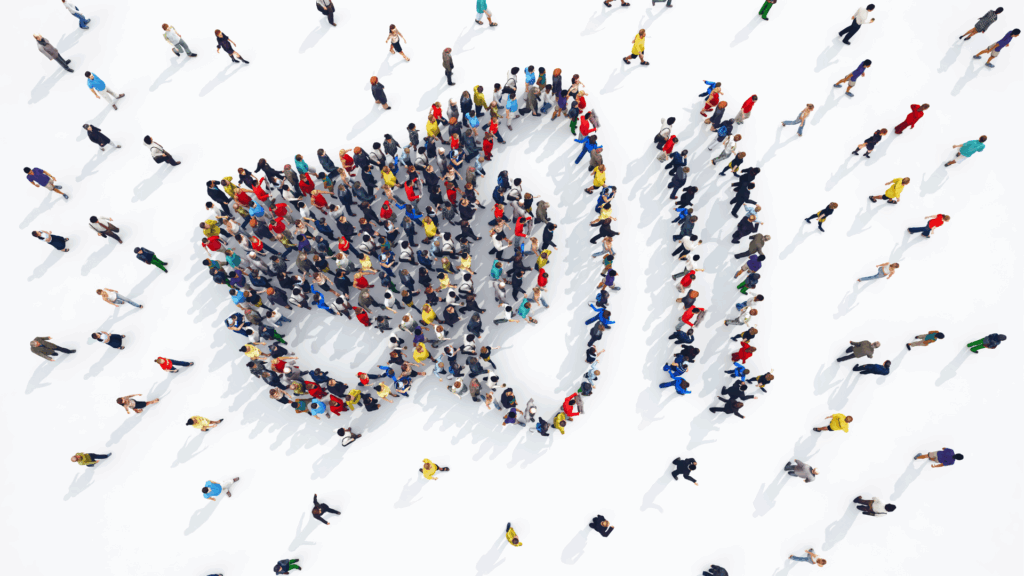 A crowd forming the shape of a megaphone, symbolizing the collective voice within echo chambers.