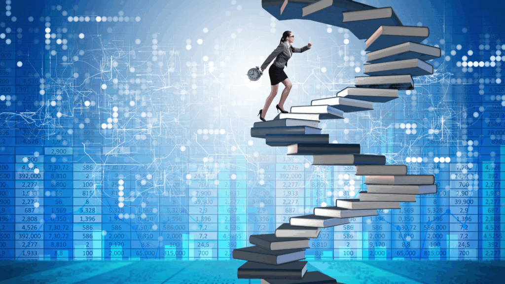 Woman climbing a staircase made of books with a digital background, symbolizing preparing the brain for a promotion