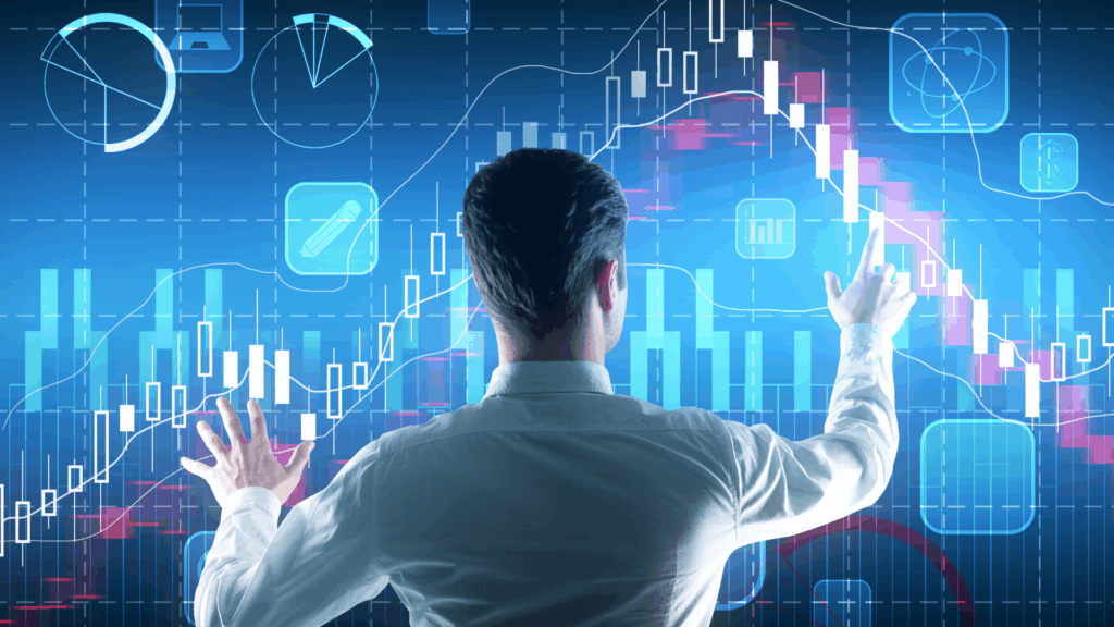 Business professional analyzing data on a futuristic screen with financial graphs and charts.


