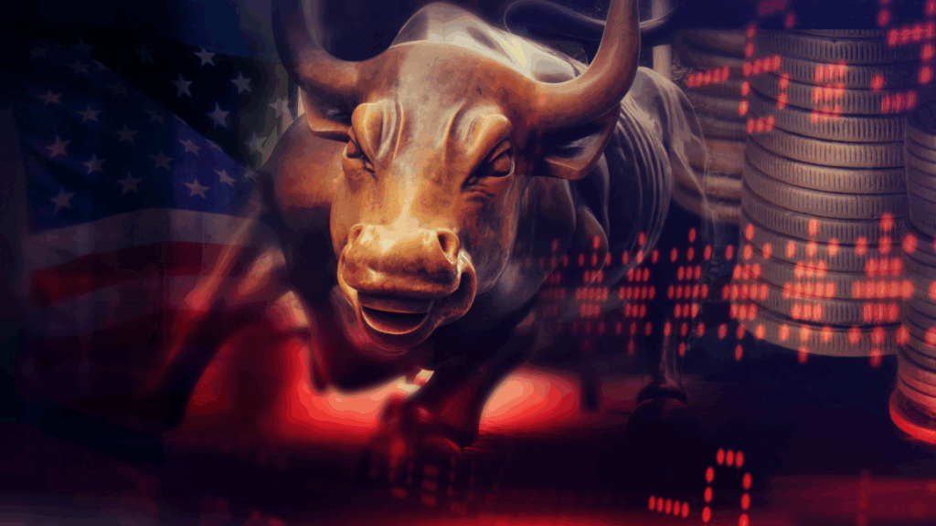 Statue of the Wall Street bull with financial data overlay, symbolizing market dynamics.

