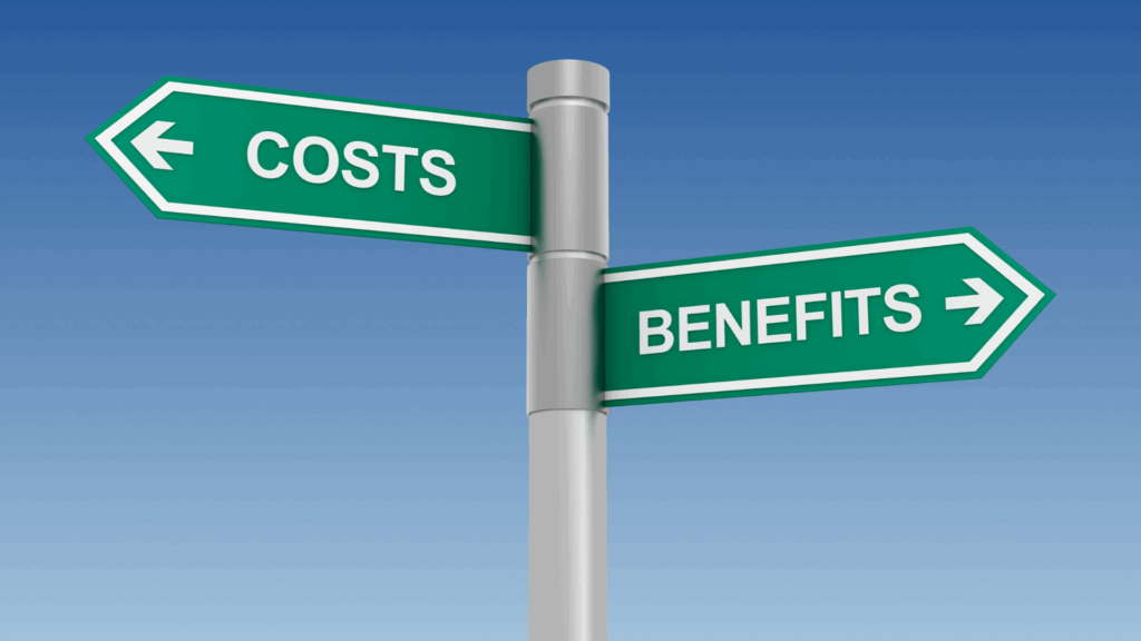 A green signpost with arrows pointing to "Costs" and "Benefits," representing career decision-making and risk assessment for an ideal career and the best careers for work life balance.