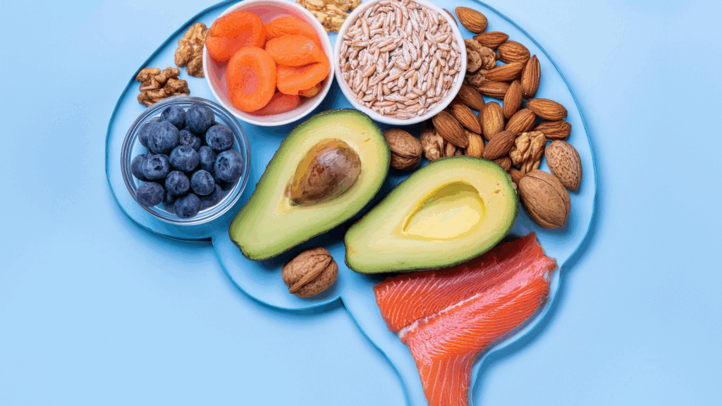 Nutrient-rich foods such as avocados, nuts, and salmon supporting brain health, cognitive function, and metabolic balance in women's health priorities.