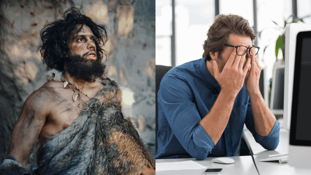 Comparison of a prehistoric human scanning for predators alongside a modern person stressed at a desk, illustrating evolutionary fear responses.