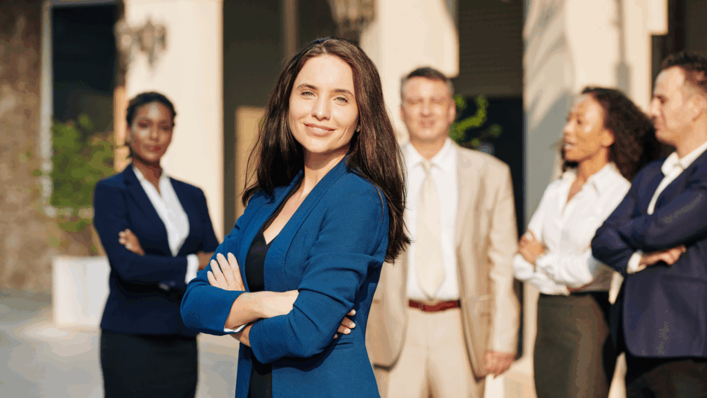 A confident person standing with their team, showing presence and shared direction.
