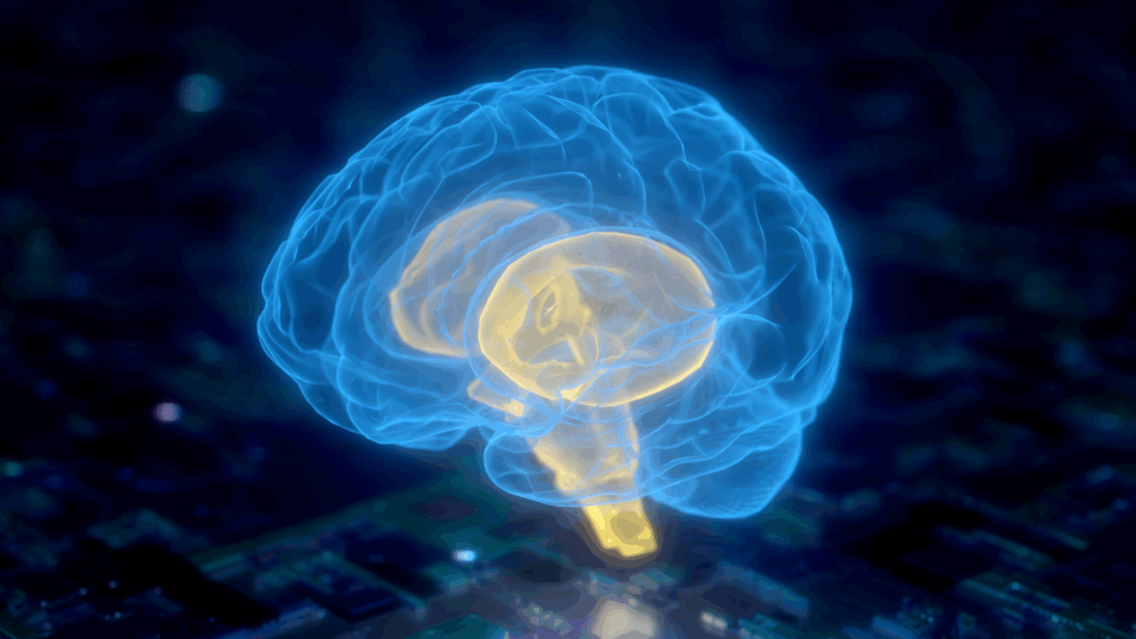 A digital brain with highlighted neural pathways illustrating how neurons communicate.