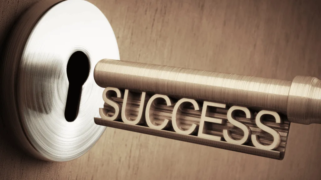 Key labeled "SUCCESS" unlocking a door, symbolizing how the brain drives motivation and opens pathways to achievement.
