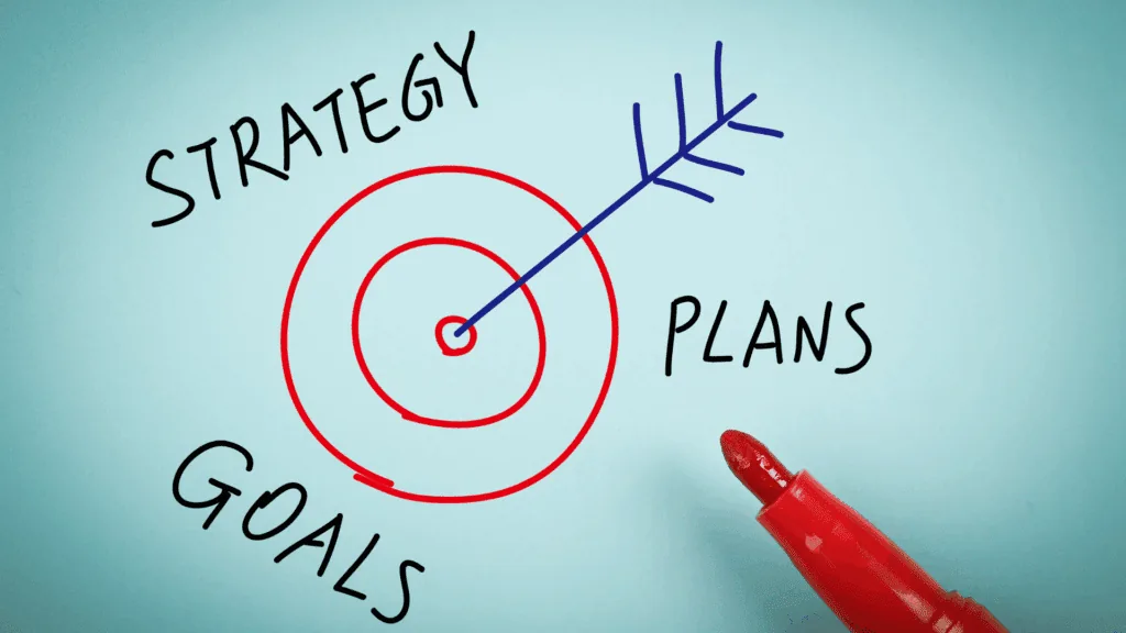 A target with an arrow and the words strategy, goals, and plans, representing the neuroscience of anxiety in goal setting.