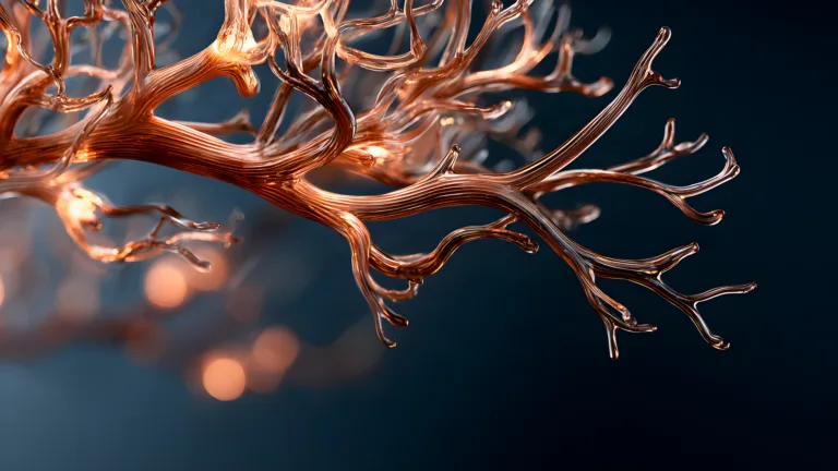 How neurons work, pictured as copper and glass dendrites branching across a deep navy void