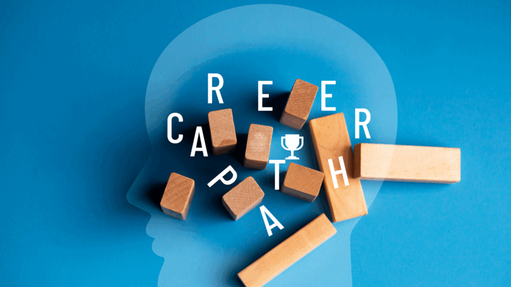 Brainstorming a purpose-driven career change shown by “career path” blocks inside a head outline.

