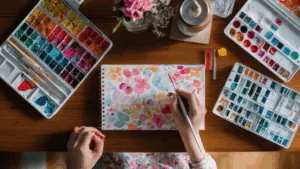 Person painting colorful watercolor flowers as a calming creative outlet for anxiety.
