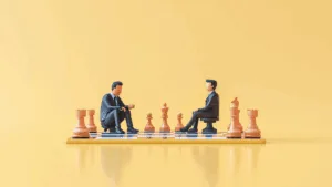 Two businesspeople sitting on a chessboard playing a strategic game to illustrate the concept of gamified learning.