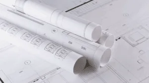 Architectural blueprints rolled on a table, symbolizing the structured design of the neuroscience of emotional awareness.