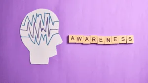 Illustration of a brain outline with waves and the word awareness, symbolizing the neuroscience of emotional awareness.