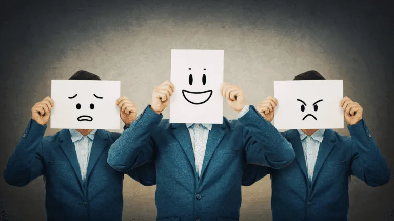 Person holding papers with different facial expressions, representing emotional regulation through cognitive reappraisal.