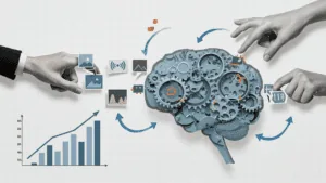 Hands interacting with gears and charts inside a brain illustration, symbolizing the Neuroscience of Adaptive Leadership and decision-making.