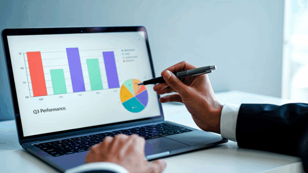 Executive analyzing Q3 performance metrics using dopamine genetics data insights.

