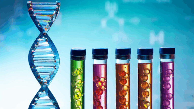 DNA helix and genetic testing samples for dopamine genetics personalized neuroscience analysis.