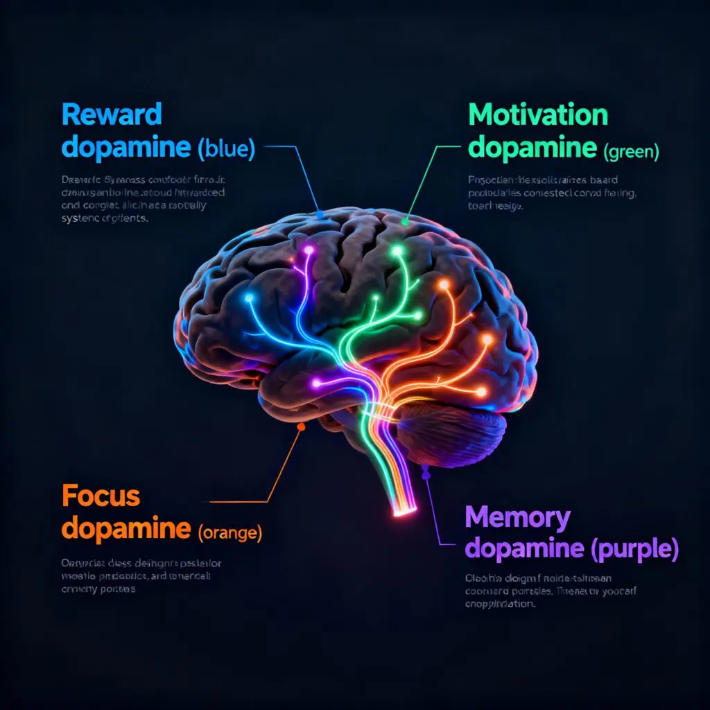 Brain dopamine system infographic highlighting four dopamine subsystems including reward, motivation, focus, and memory pathways.