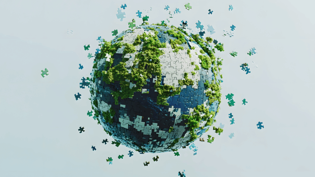 Globe puzzle pieces fitting together representing integration and holistic anxiety relief for high performers
