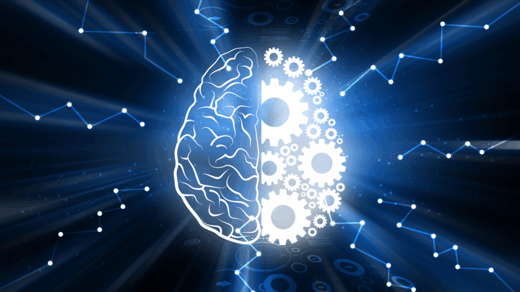  Brain illustration with processing gears showing cognitive function and anxiety management for high performers
