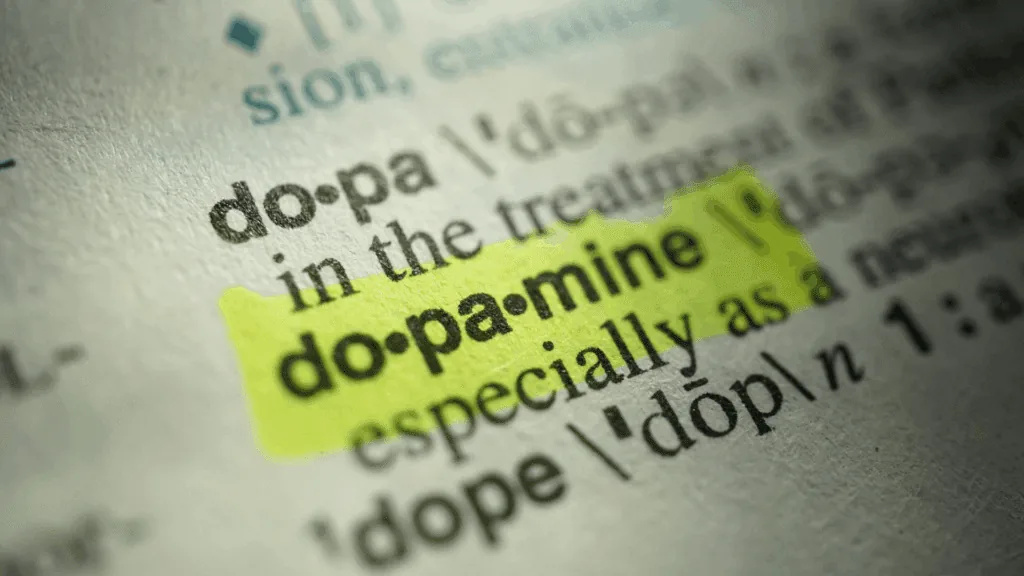 Dictionary page highlighting the word dopamine, connecting it to the question of feeling like a loser.