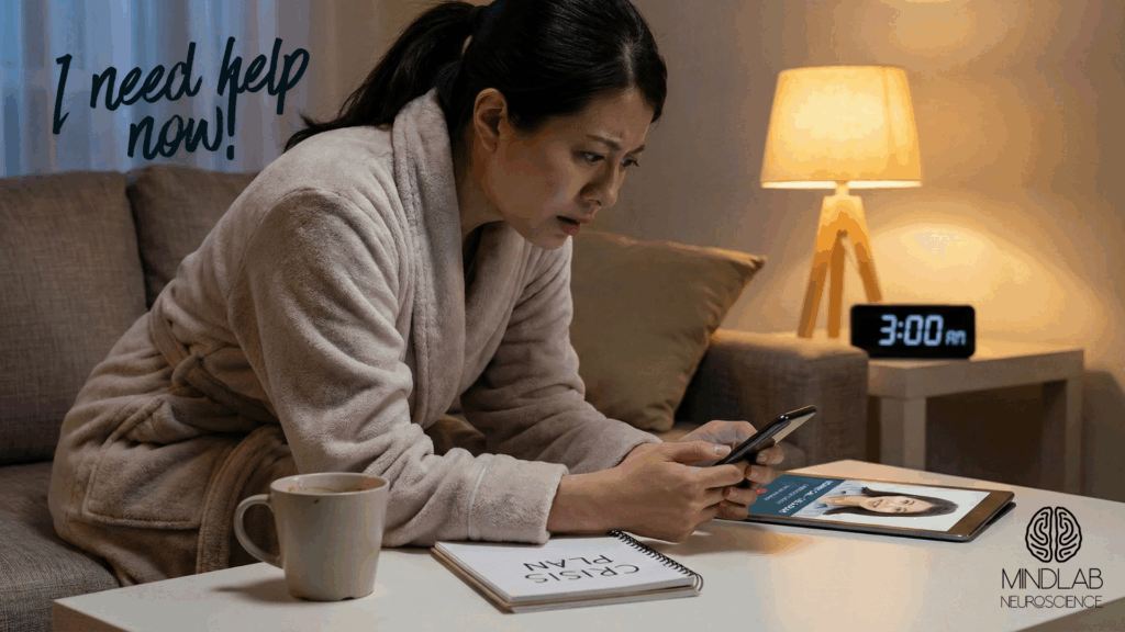 The woman, who was seeking urgent help at night, was equipped with a phone and notes, signifying her 24/7 access to neuroscience-based coaching support from Dr. Sydney Ceruto and MindLAB Neuroscience.