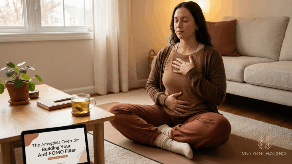 A woman with a hand on her chest practicing deep breathing to activate the parasympathetic nervous system