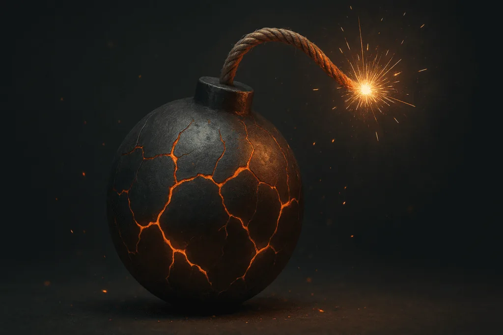 Lit black cartoon bomb with cracks and a burning fuse, symbolizing the sudden and explosive challenges of ADHD and brain fog in daily life.