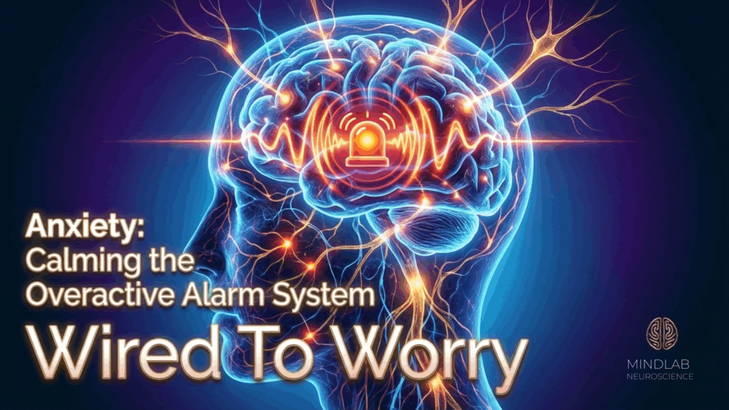 Brain with overactive alarm system showing anxiety wired to worry, demonstrating how neuroscience-based coaching calms the hyperactive amygdala and prefrontal cortex.