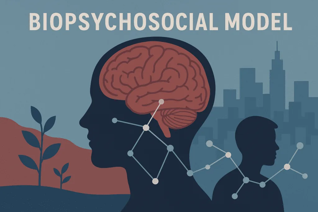 The image illustrates the biopsychosocial model, showcasing a human head, brain, molecular diagram, and urban nature as a backdrop for holistic mental fitness.
