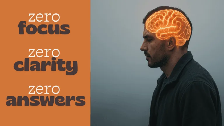 Side profile of a man with an illuminated brain and bold text highlighting zero focus, zero clarity, and zero answers associated with ADHD and brain fog.