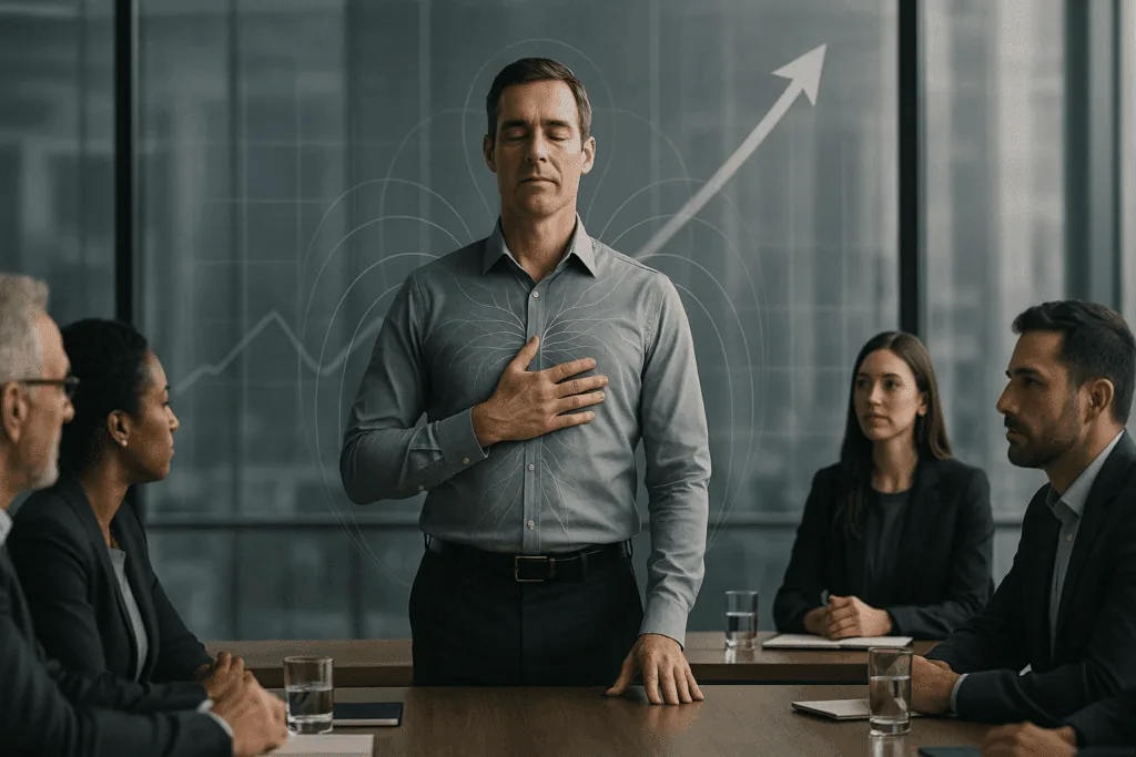 Calm executive leading team with emotional intelligence and sustainable change demonstrated through nervous system regulation and upward performance trajectory visible