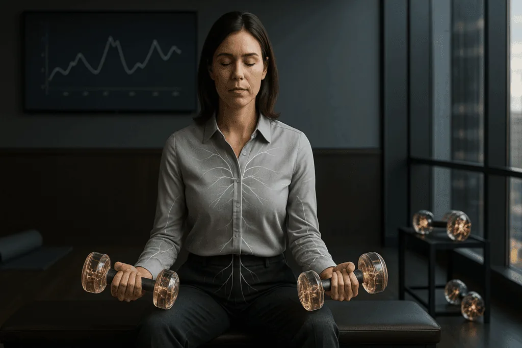 Executive practicing sustainable change through intentional awareness and neural rewiring to overcome emotional reactivity in leadership during focused stillness at office desk