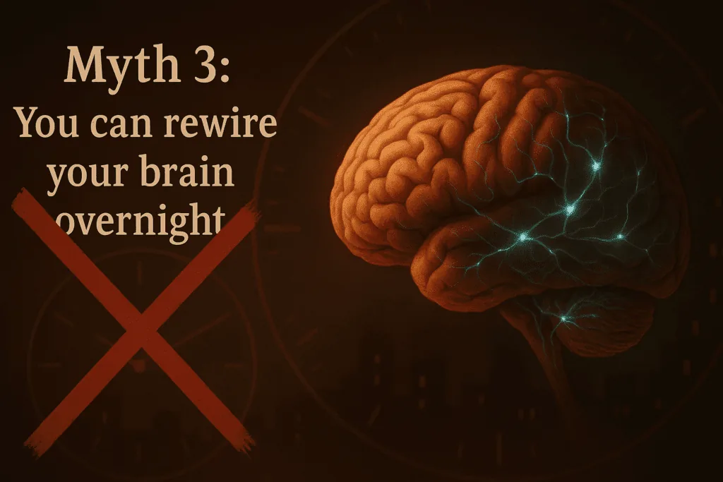 Illustration of a human brain glowing with neural connections, overlaid with a large red X highlighting the myth of overnight brain rewiring.