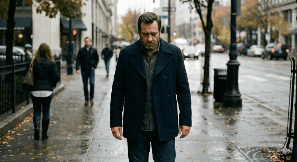 Man walking alone on rainy city street with head down symbolizing depression, emotional numbness, and need for neuroscience-based coaching support.


