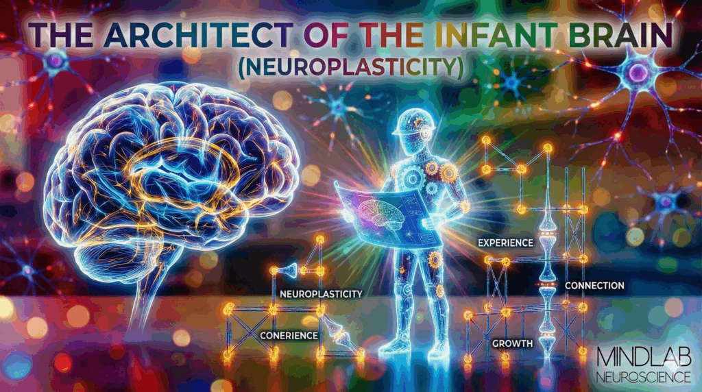 Colorful brain diagram showing neuroplasticity and neural pathway development illustrating infant brain architecture through experience, connection, and growth in neuroscience of mother daughter relationship.

development showing how early bonding shapes brain architecture and growth.

