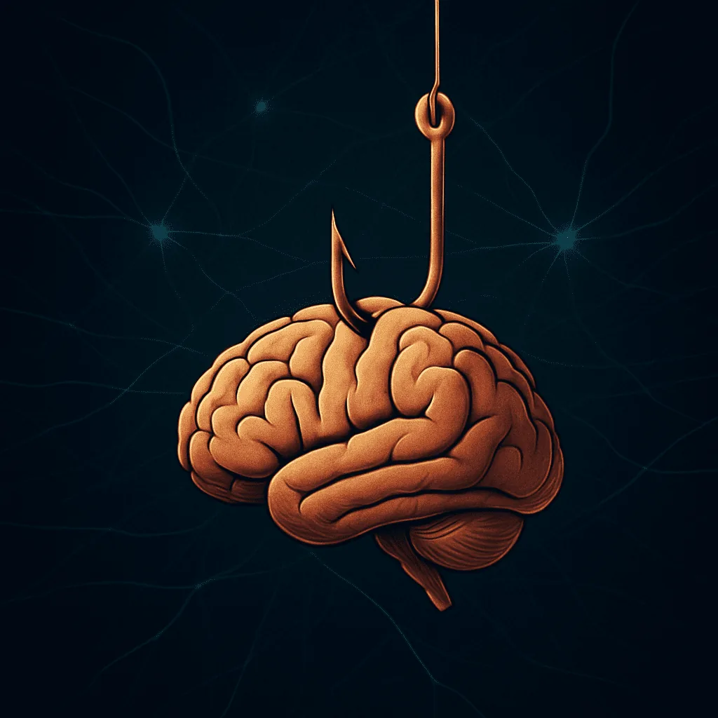 Brain suspended by fishing hook symbolizing how dopamine and trauma create addiction to stress and trap you in survival mode patterns.