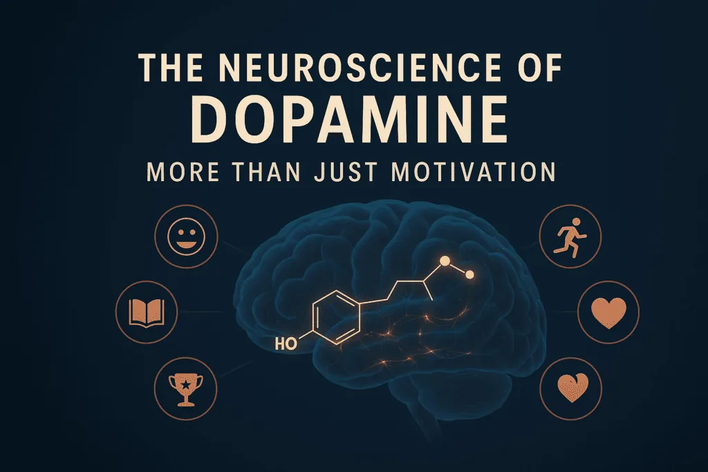Dopamine infographic: brain with dopamine molecule surrounded by eight icons showing how dopamine and trauma impact happiness, physical activity, learning, achievement, relationships, and emotional capacity.