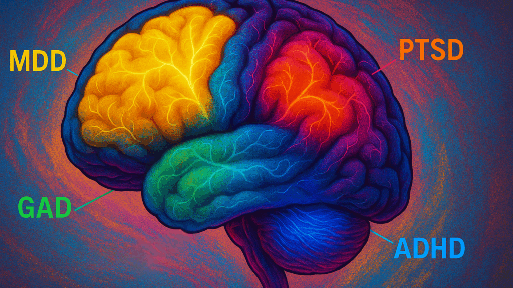 Colorful brain illustration showing neural activation in regions associated with depression, PTSD, anxiety, and ADHD.
