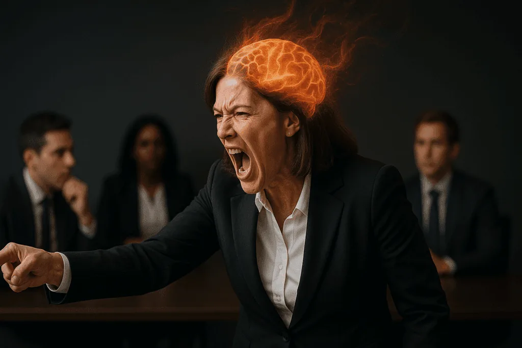 Executive displaying explosive emotional reactivity in leadership moment during meeting, with visible amygdala activation and threat response cascading through her nervous system