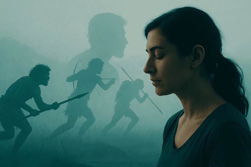 Woman silhouette facing shadowy figures representing ancestral survival responses, illustrating neuroplasticity and how dopamine and trauma patterns can be rewired through nervous system work.