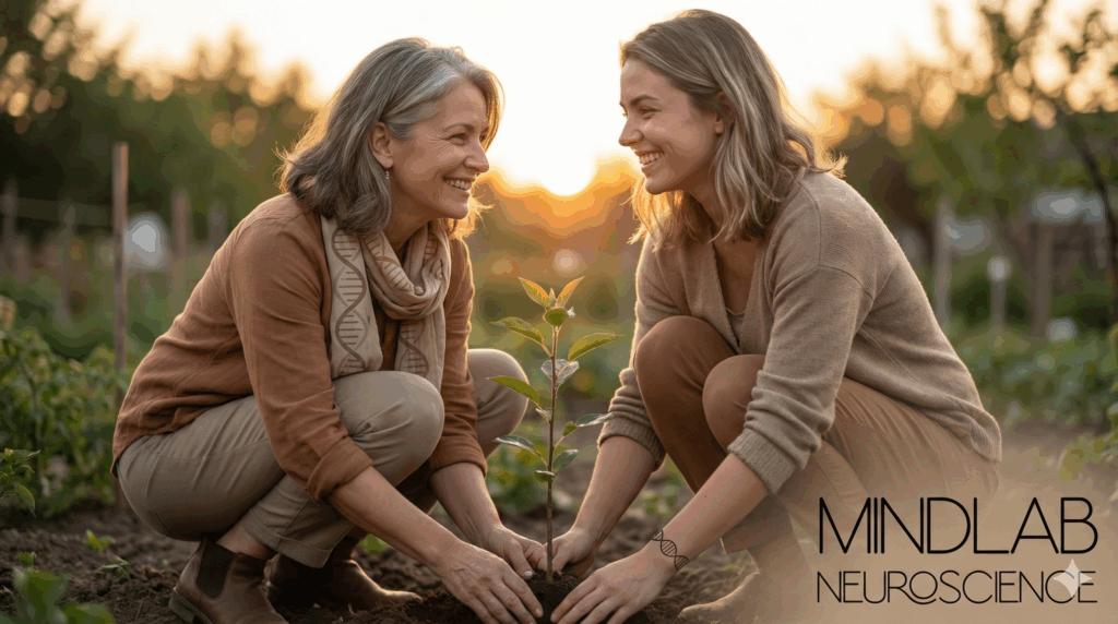Adult mother and daughter gardening together outdoors at sunset, planting seedling with DNA helix visible, representing generational transmission and evolution in neuroscience of mother daughter relationship.

