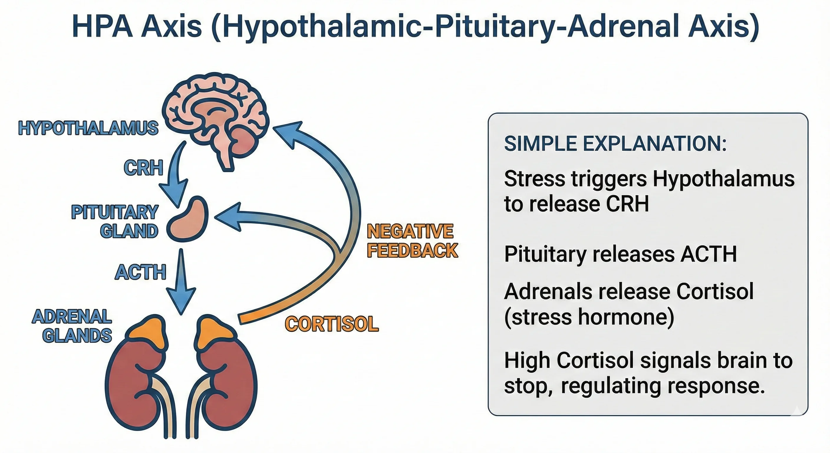 Educational diagram of Neuroplasticity and The HPA Axis with brain, pituitary, adrenal glands, hormones, and stress feedback.