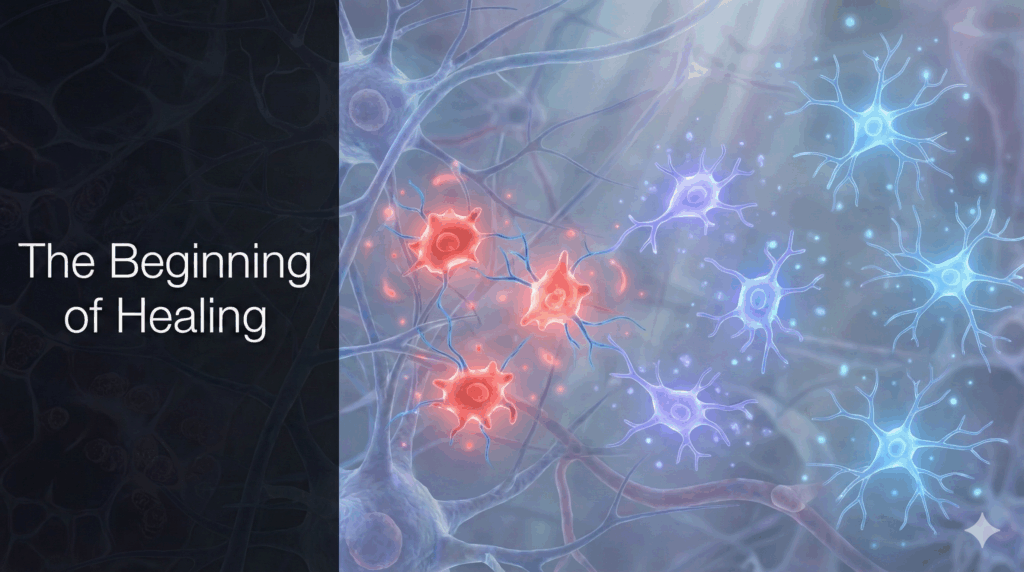 Microglia cells transitioning from red inflammation to blue calm, show healing in the neuroscience of suicidal ideation.