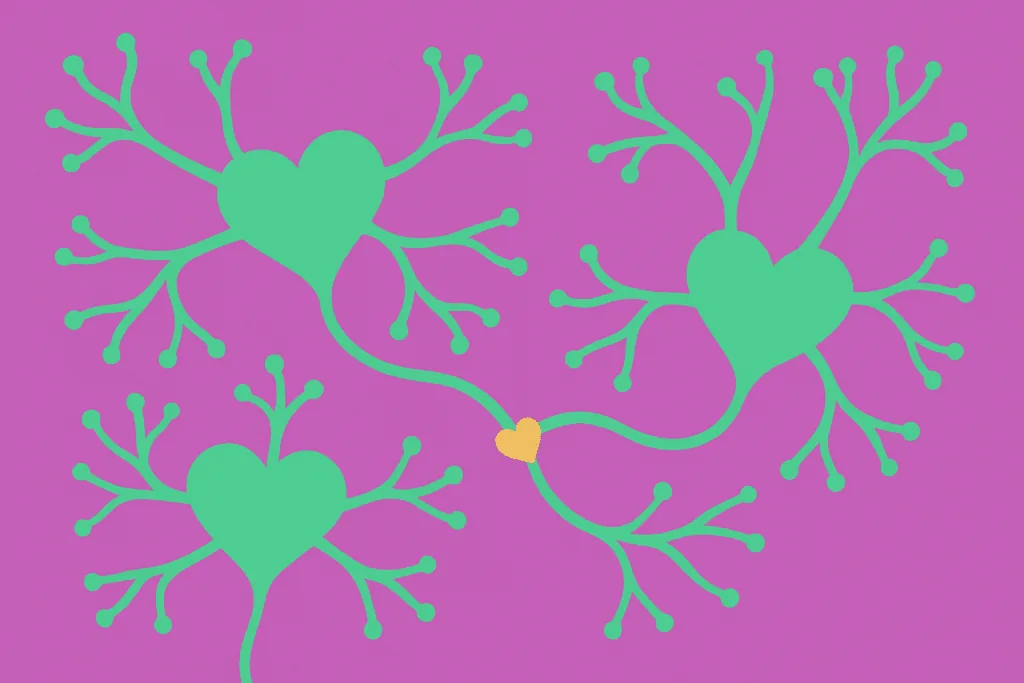 Multiple green neural networks with hearts showing interconnected neurons in neuroplasticity in relationships science
